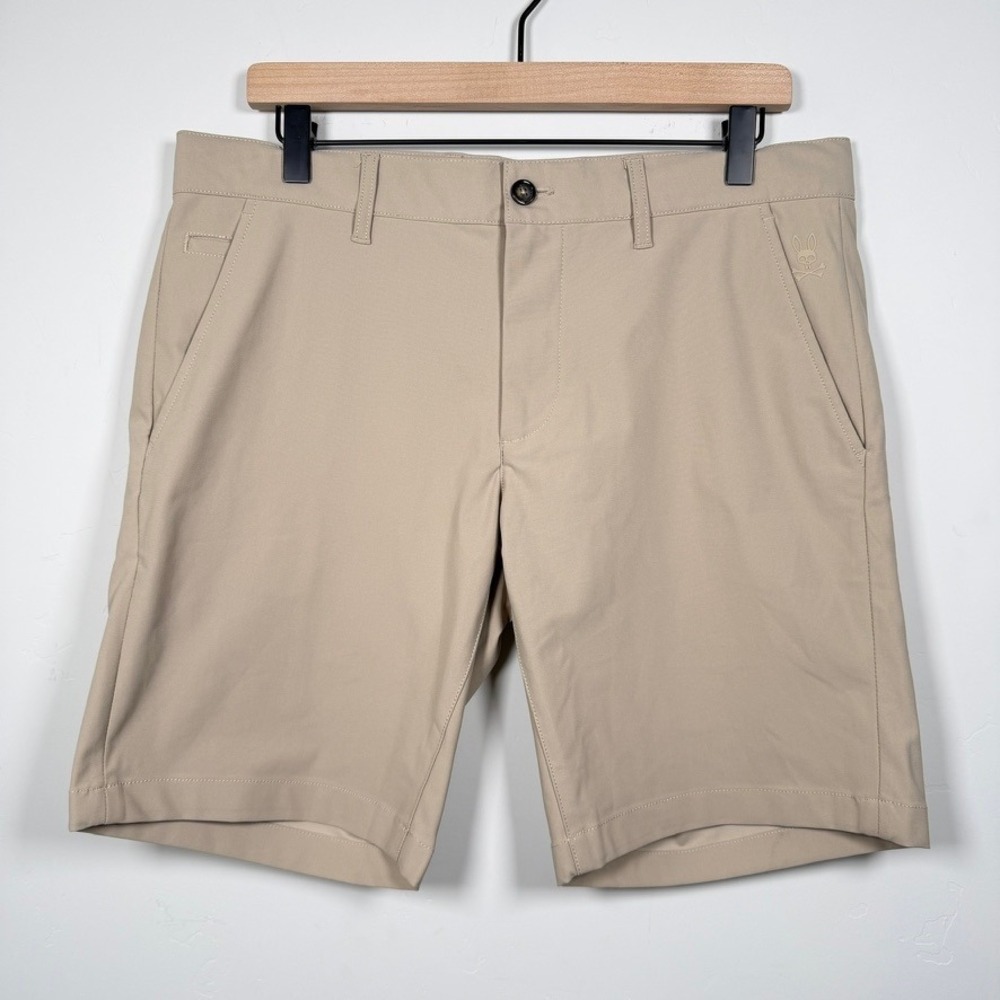 Psycho Bunny Maverick 10K Step Shorts Mens Beige Golf Performance Flat Front
